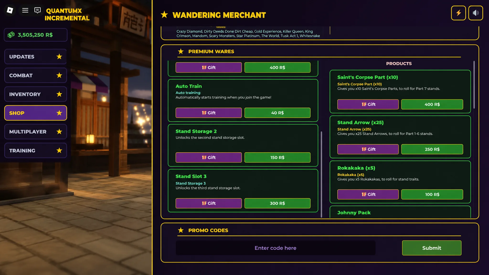 How to redeem codes in Jojo's Bizarre Incremental