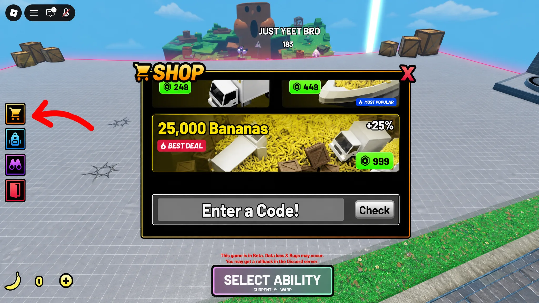 Roblox Just Yeet Bro code system. Arrow pointing to the shop