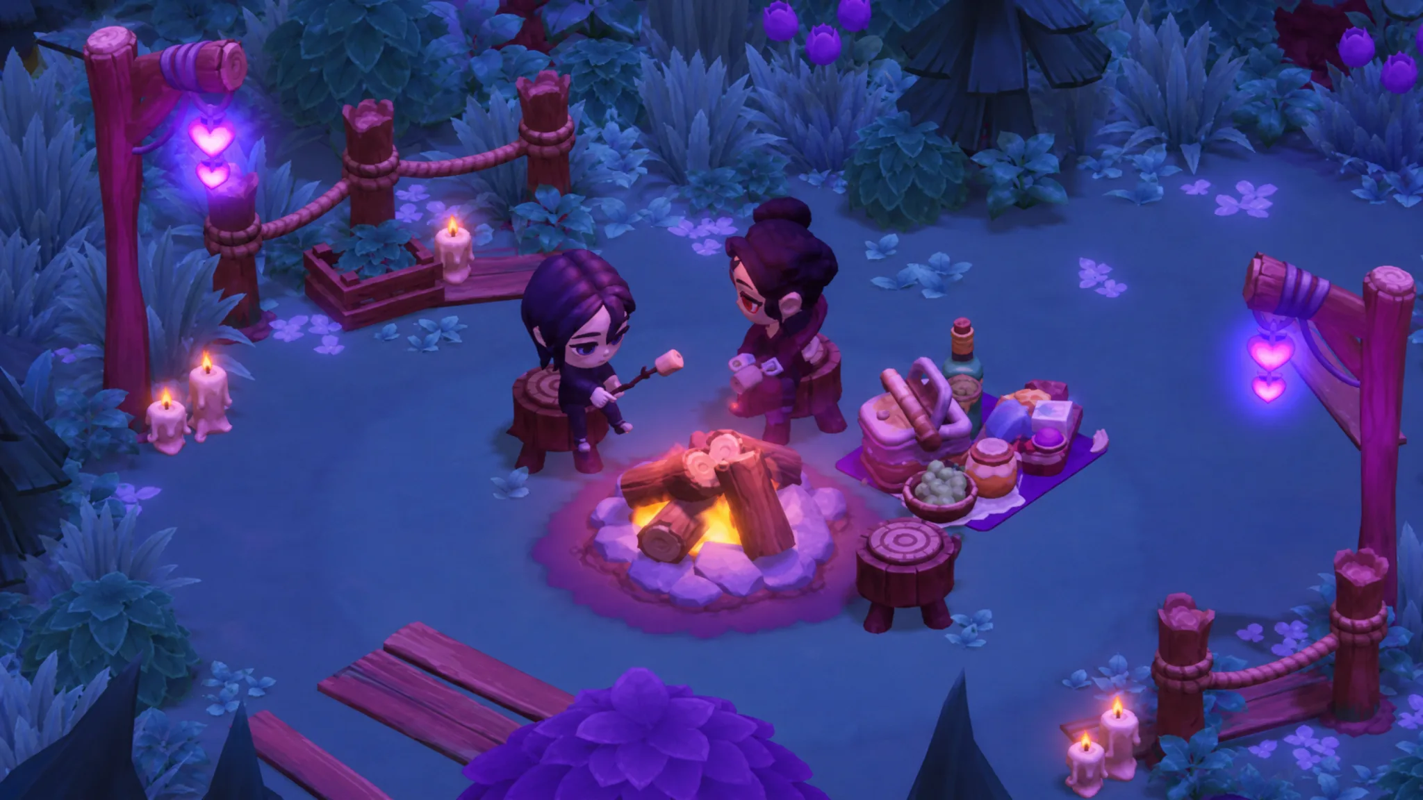 moonlight peaks evan and a main character sitting by a fire roasting marshmallows