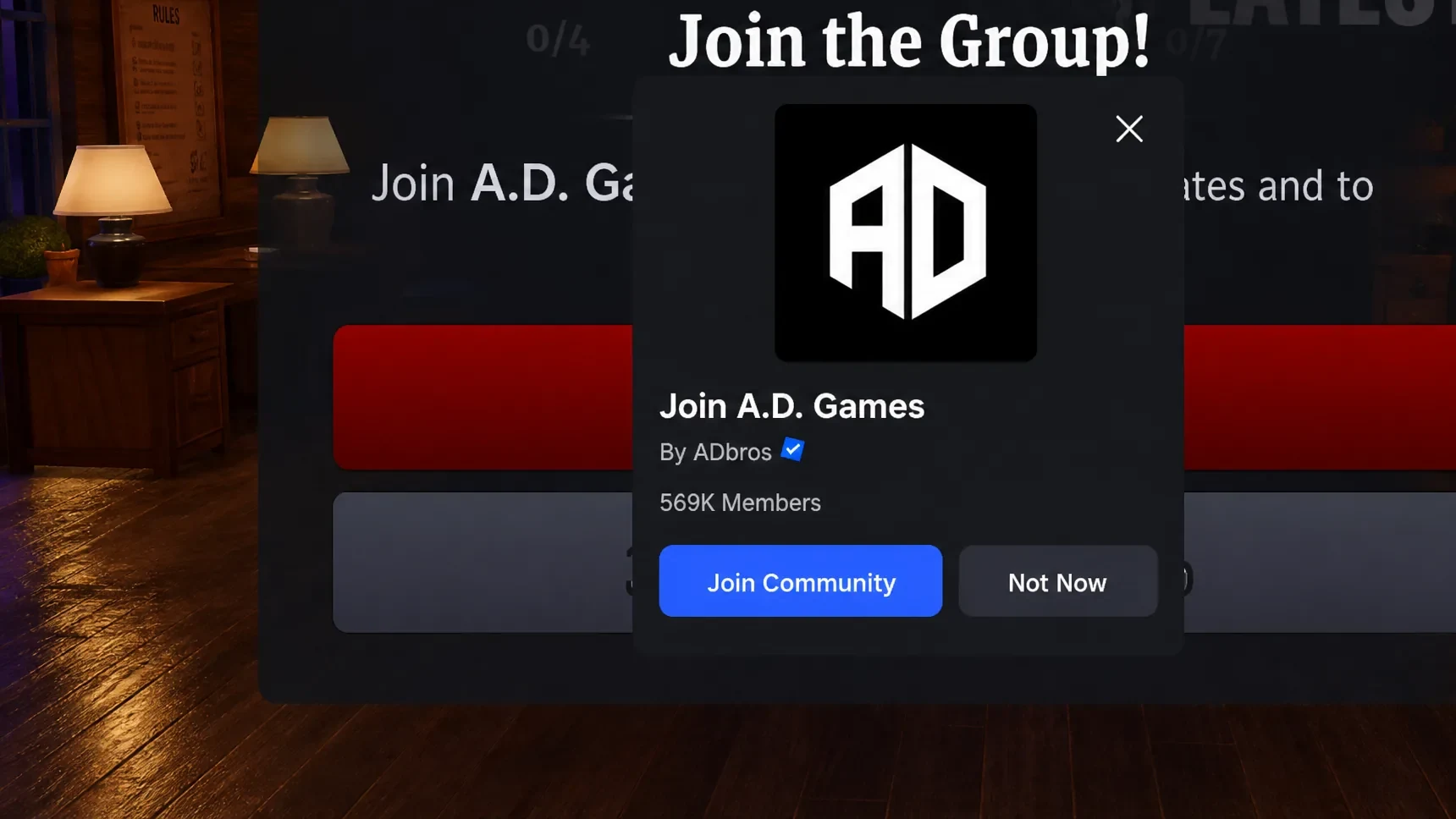 Night At The Infirmary codes: an image of the A.D Games Roblox group