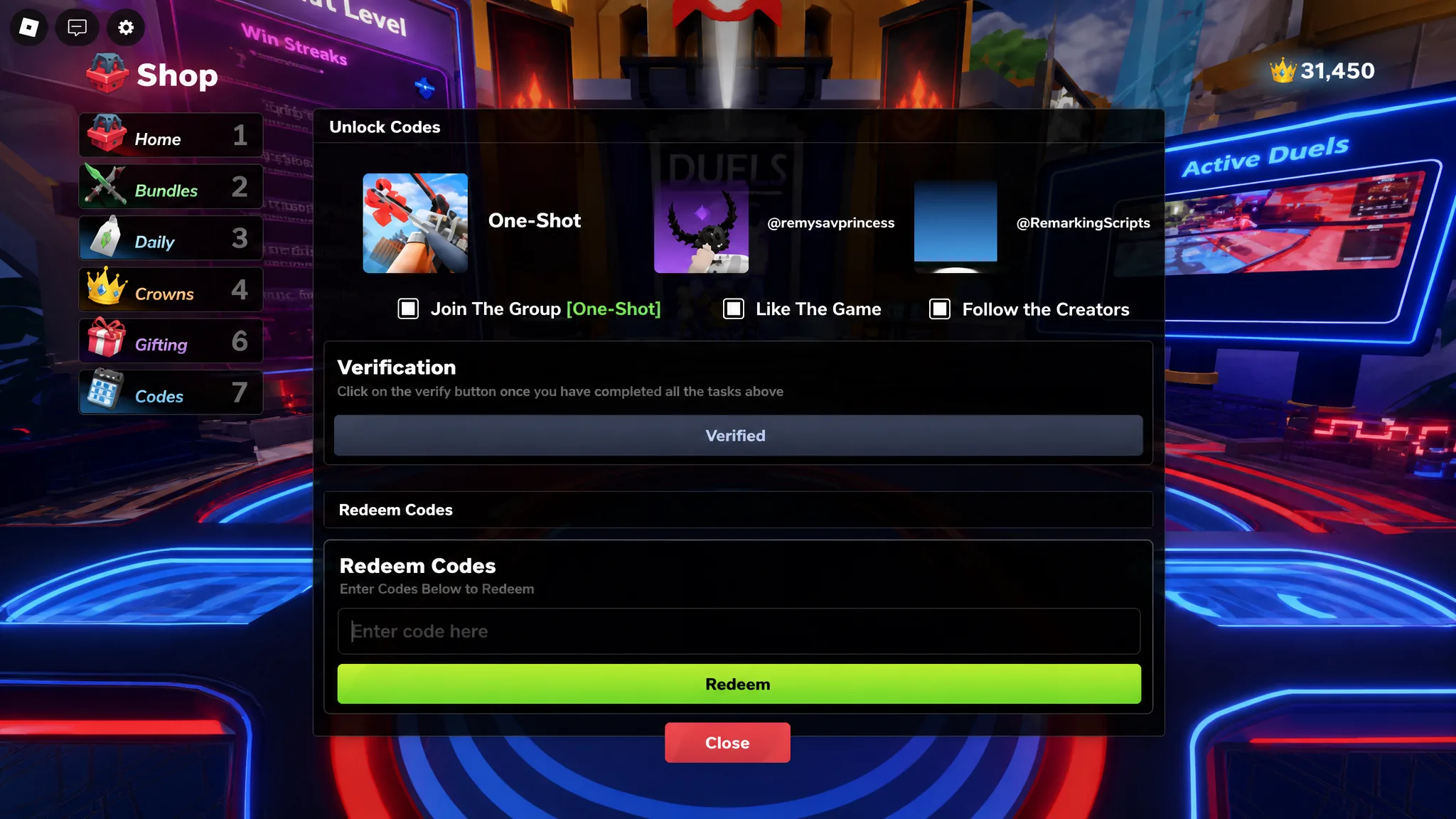 The Overkill codes redemption screen with all verification conditions met and the code entry box unlocked