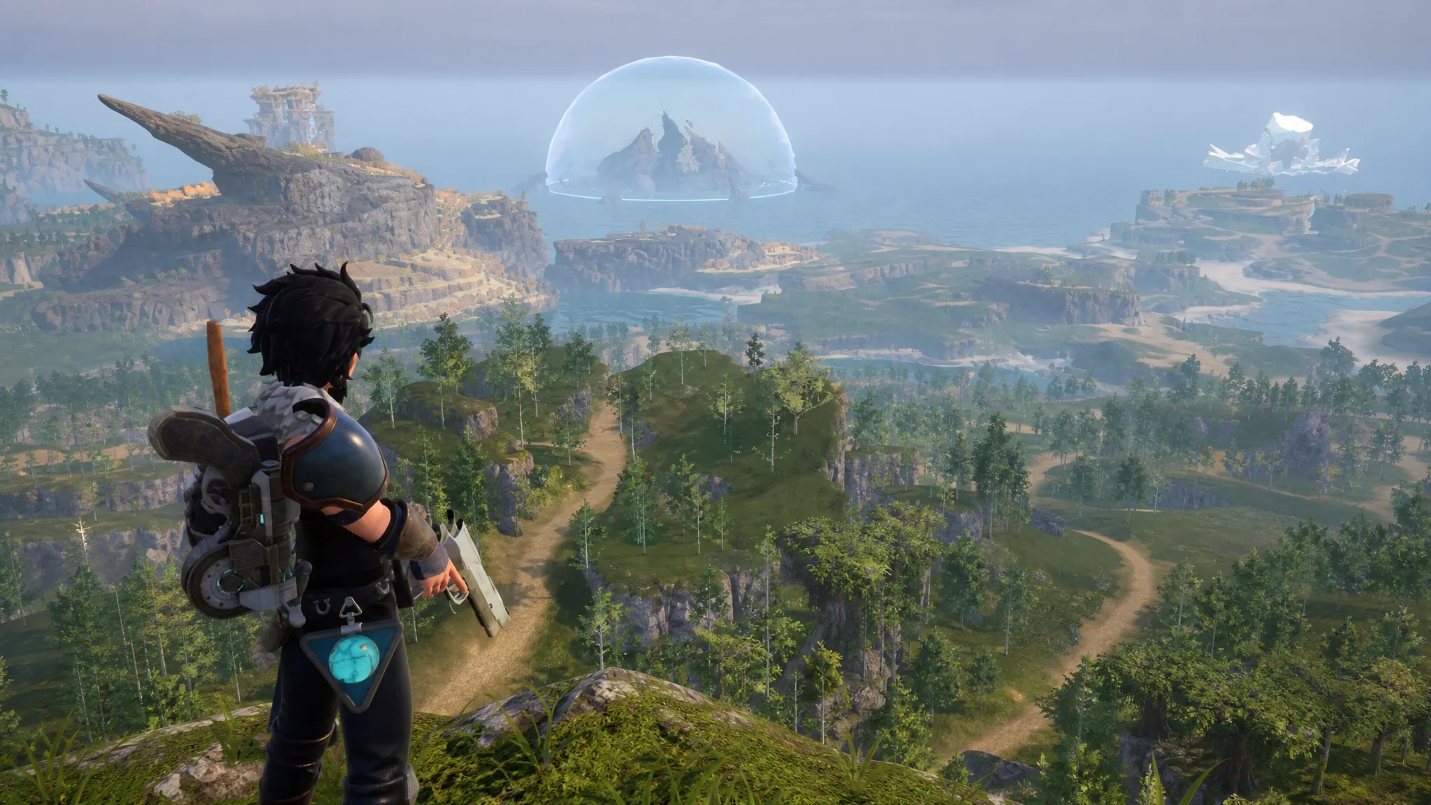 A player overlooking a landscape in Palworld