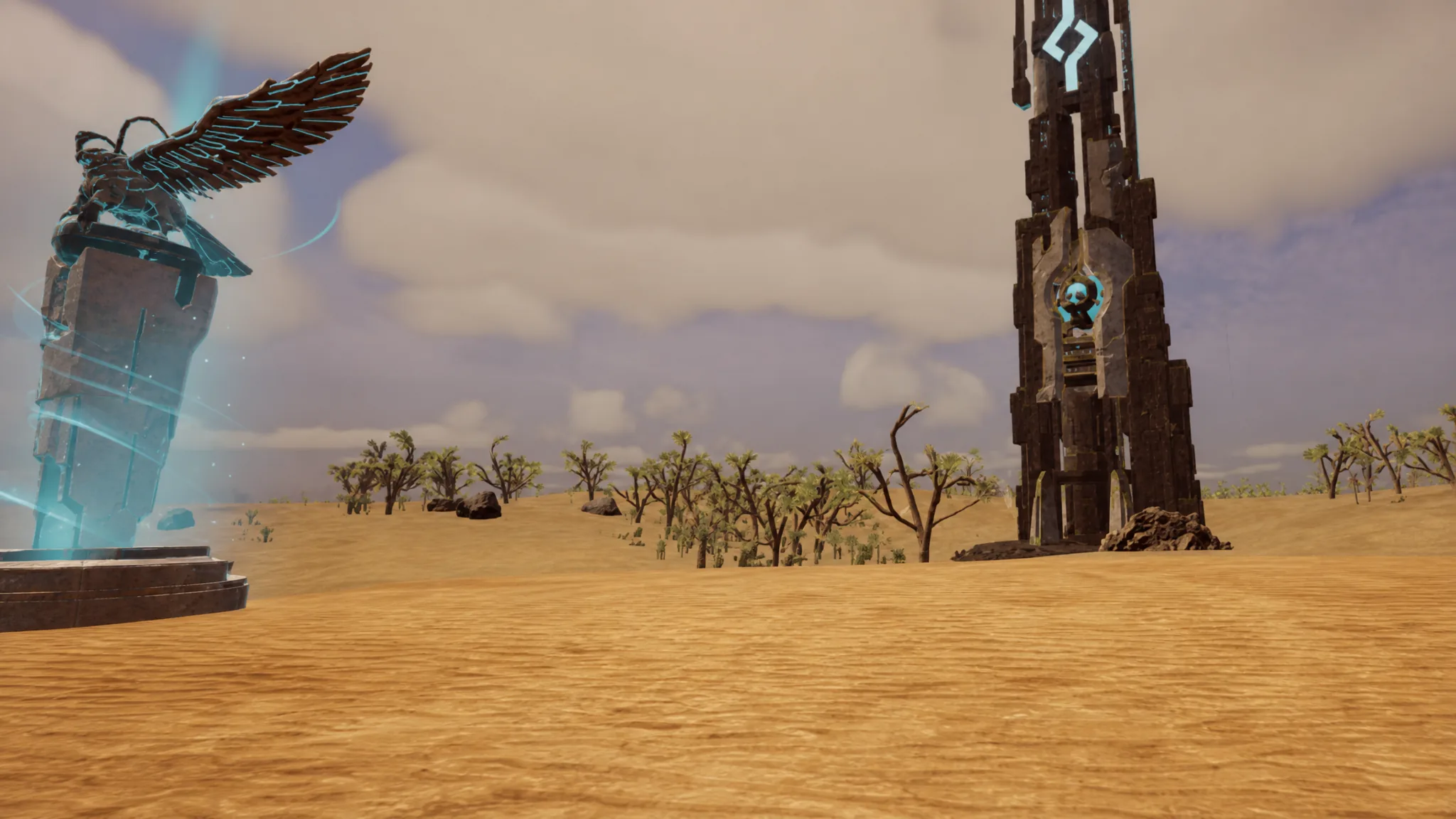 The PIDF Tower rising out of the Desiccated Desert in Palworld