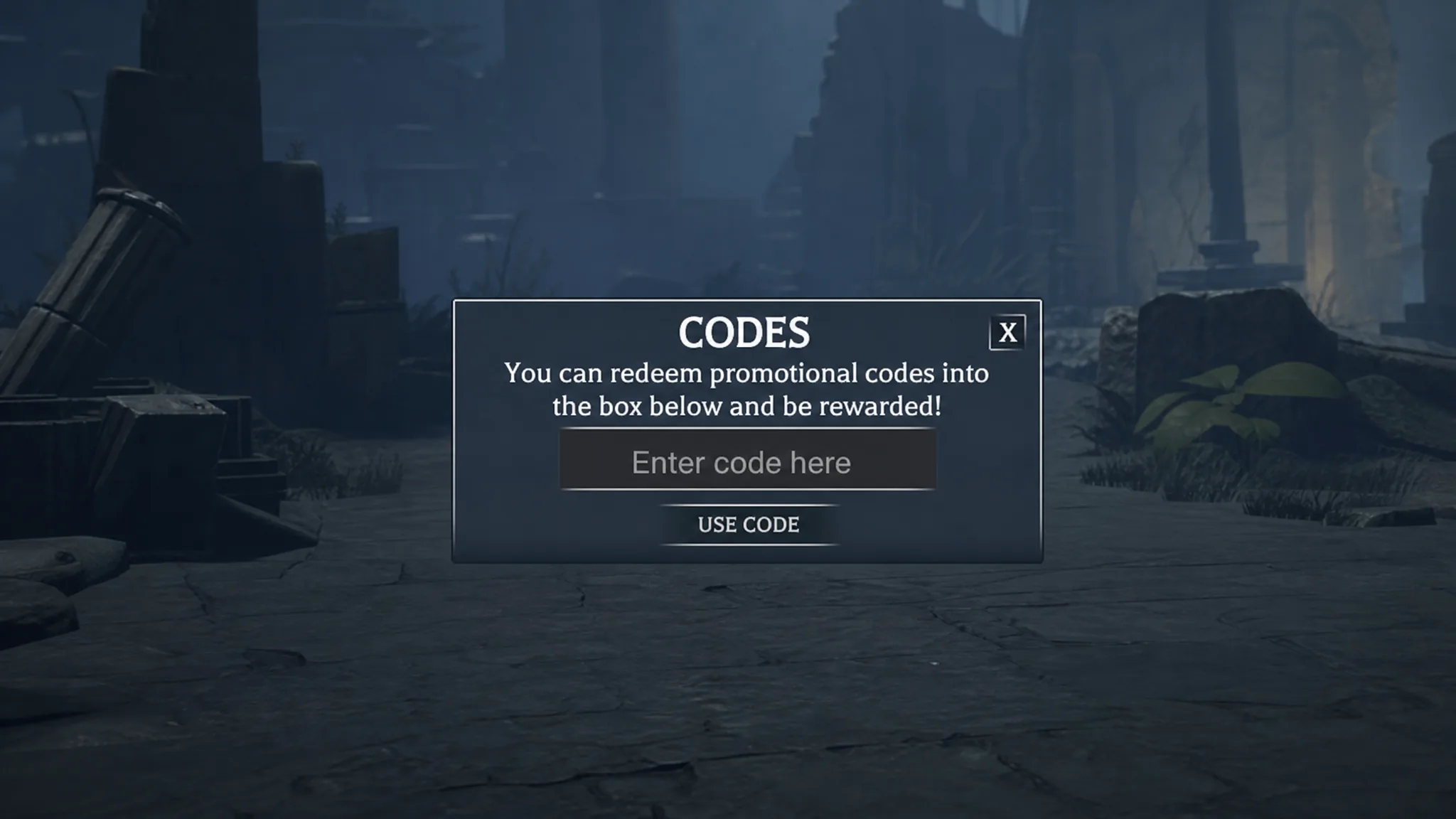 Prior Extinction codes redemption screen, with pocket tactics filled in where the codes go