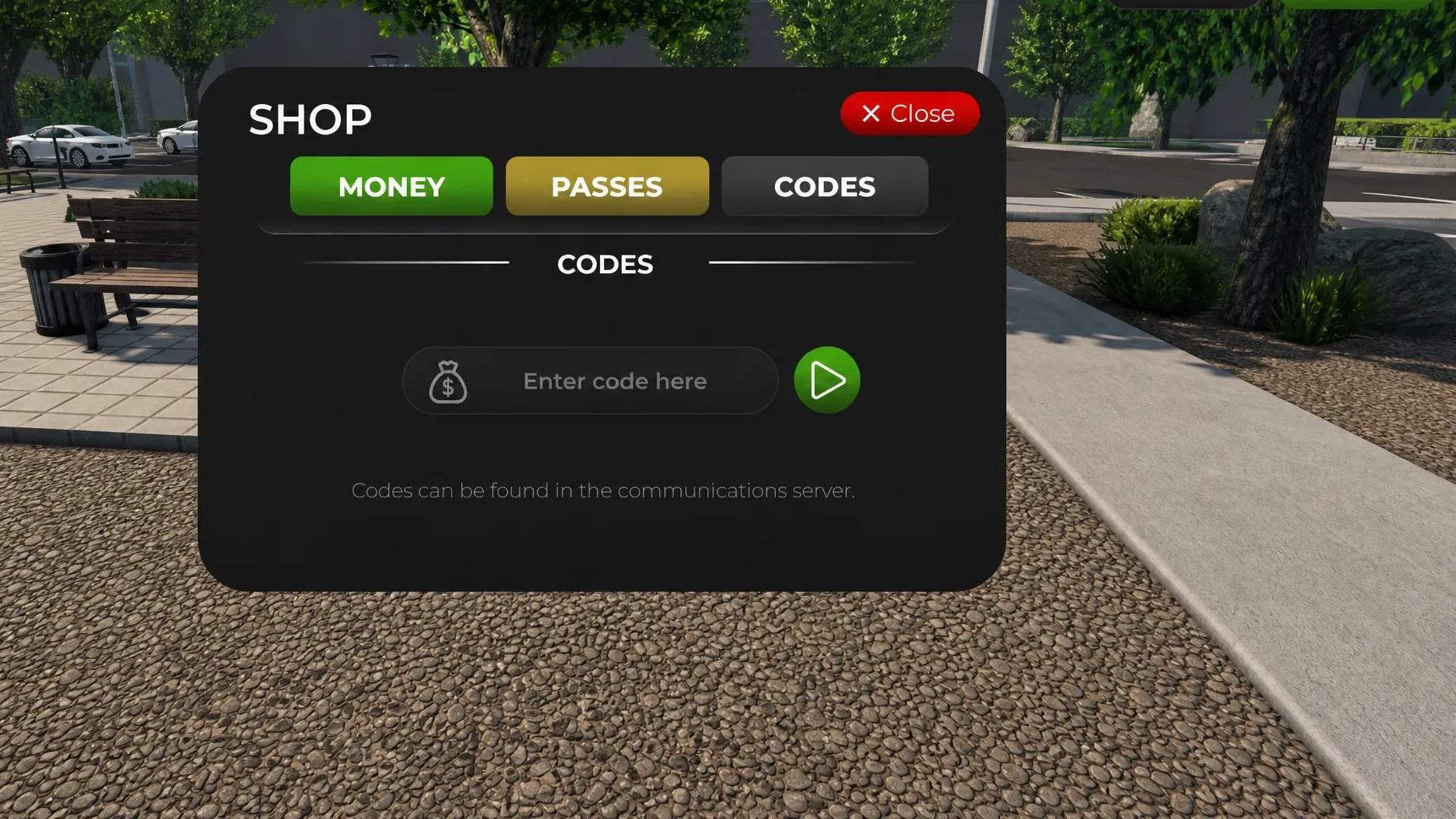 Redeeming a code in the Mojave Valley codes menu on Roblox