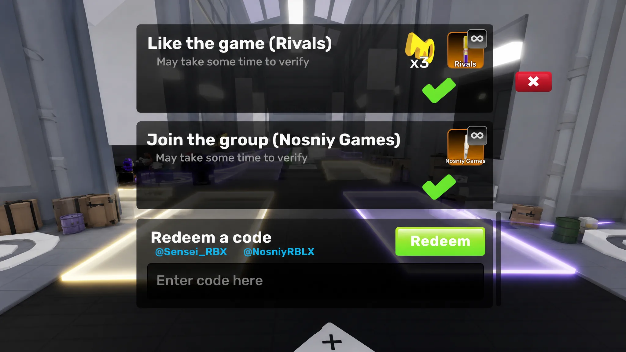 The menu to redeem Rivals codes