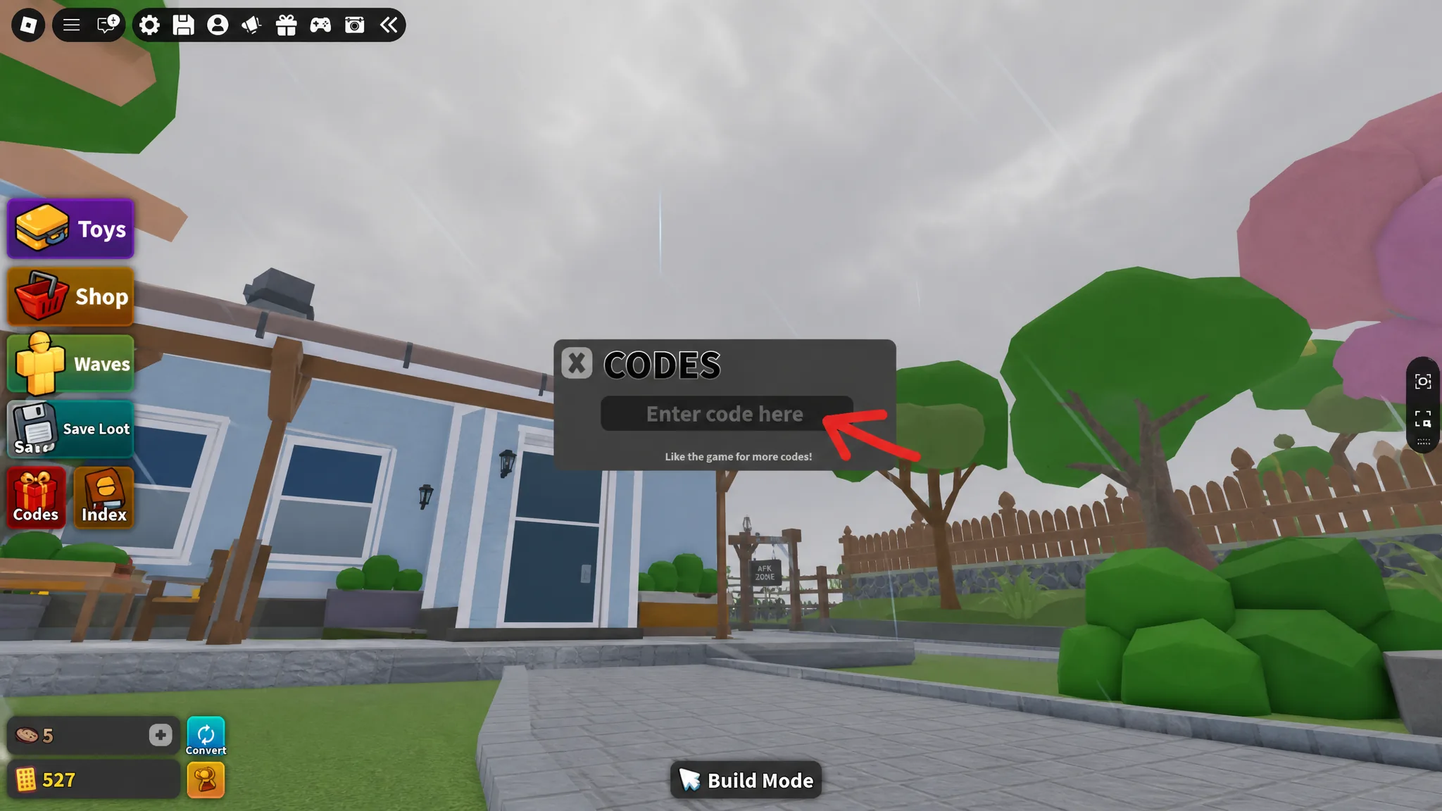 Redeeming a code in the Toy Defense codes menu on Roblox
