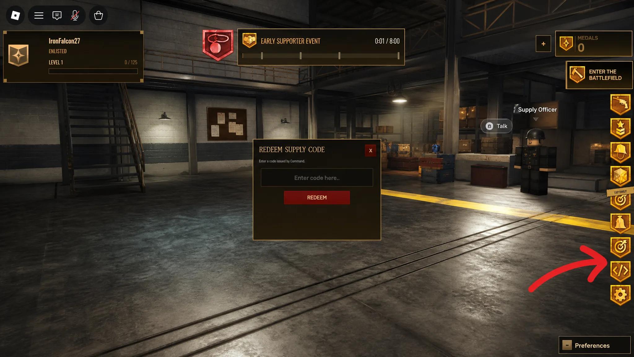 Supply Codes button highlighted on the right side of the TRENCH: DECAY match screen