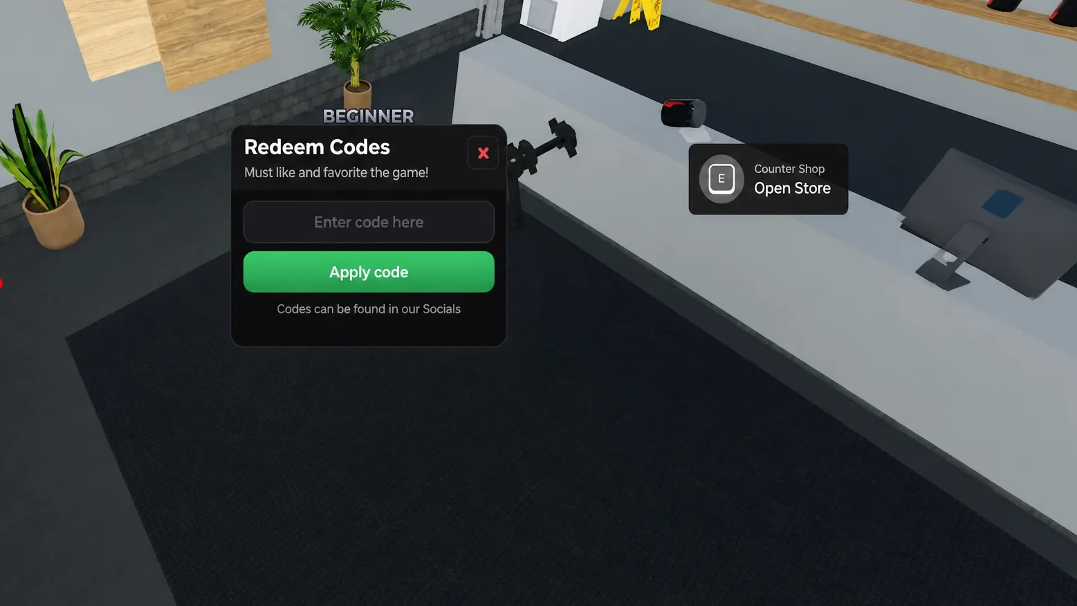 Roblox Ultimate Gym Game code system. Arrow pointing to the codes button