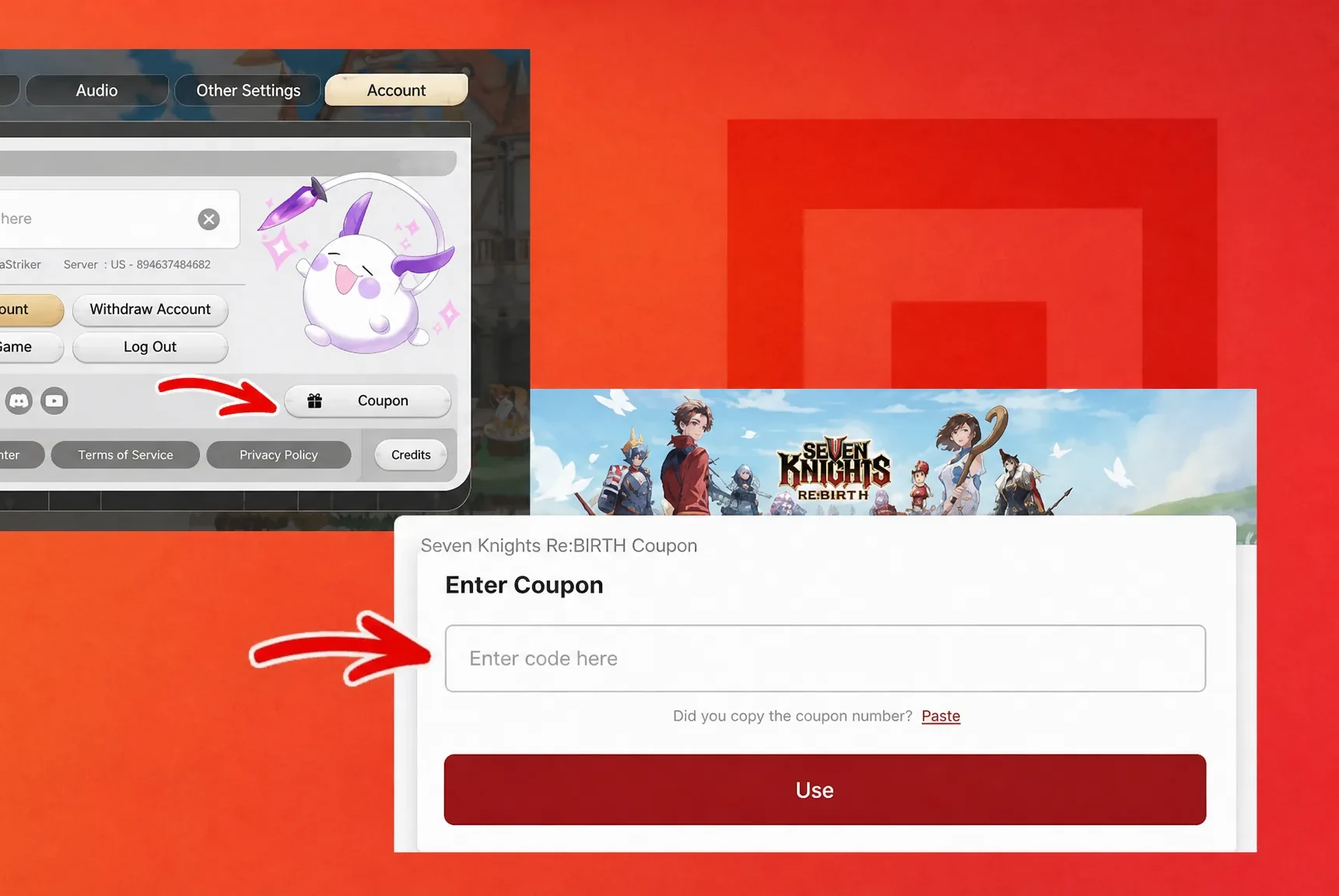 Seven Knights Re:Birth coupon redemption screens showing where to enter a code