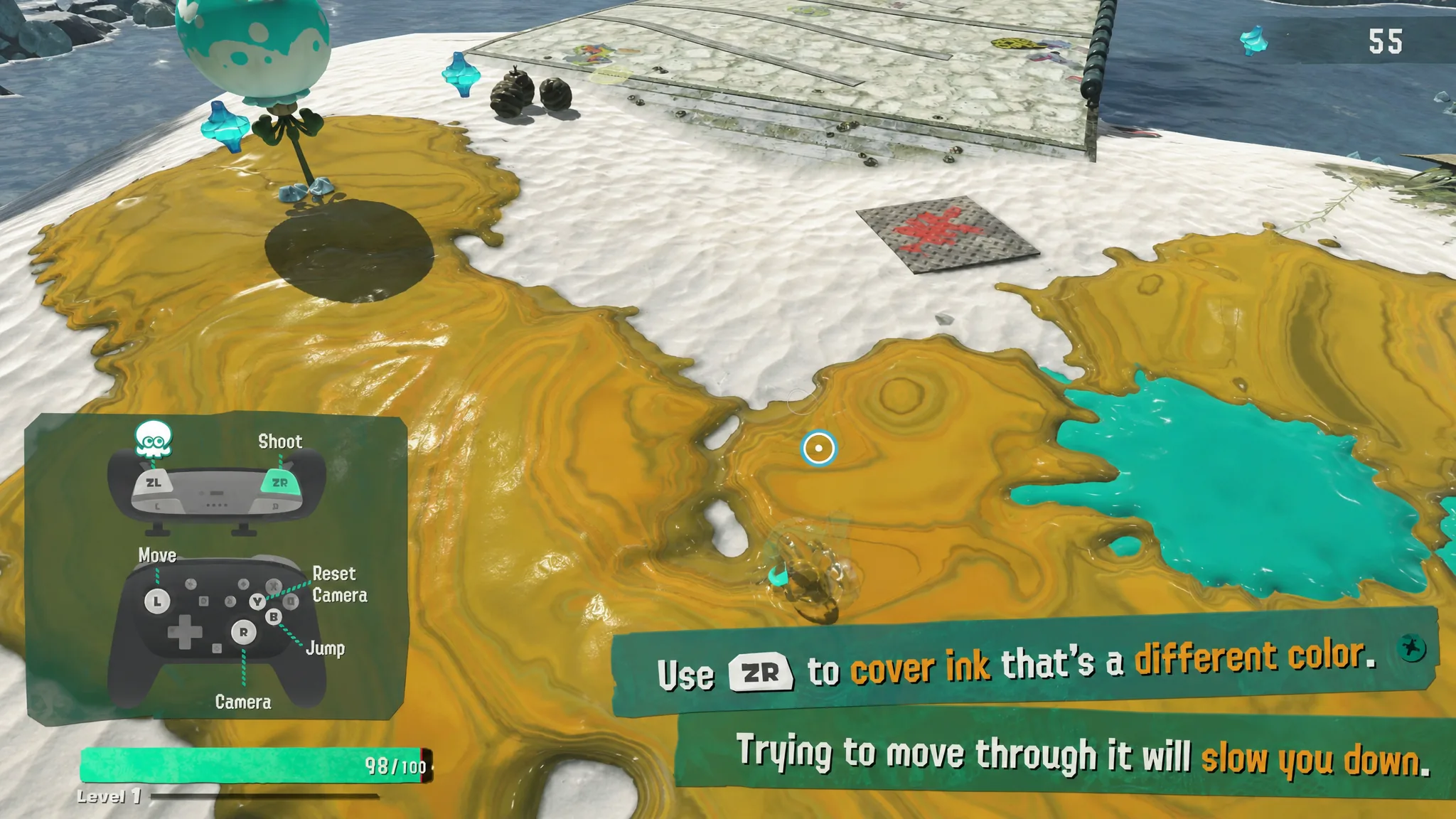 Shooting ink to destroy crates blocking the path