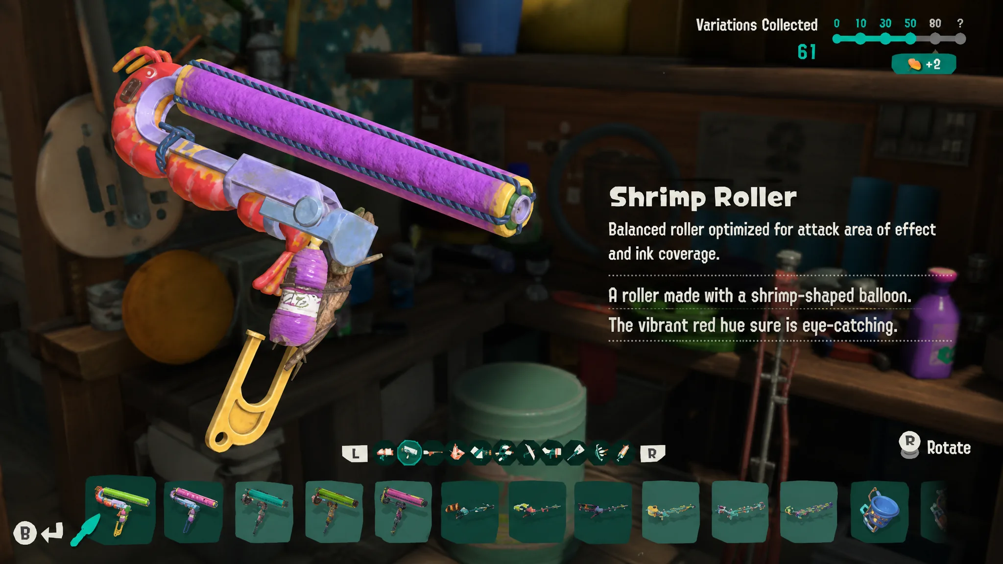 splatoon raiders weapons - a shrimp roller in the menu