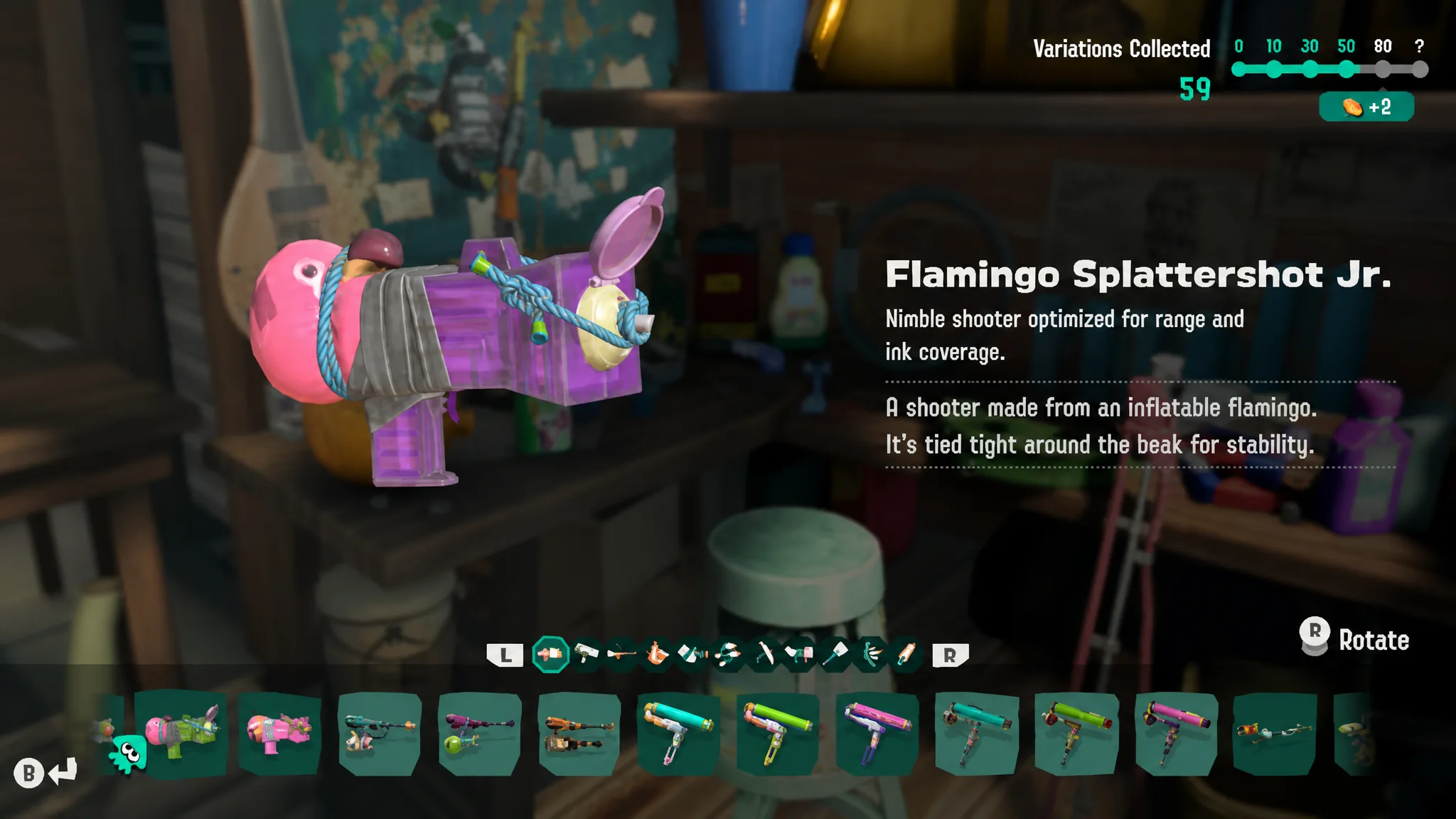 splatoon raiders weapons - a flamingo splattershot jr in the menu