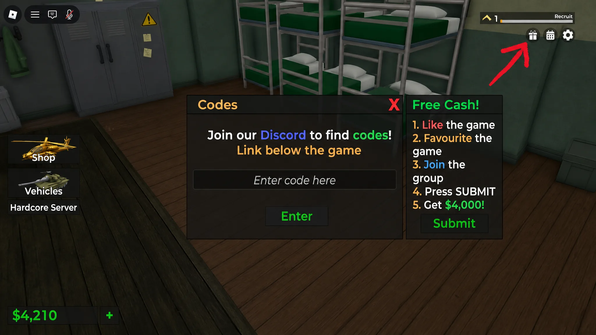 Roblox Strike Warfare code system. Arrow pointing to the Giftbox button