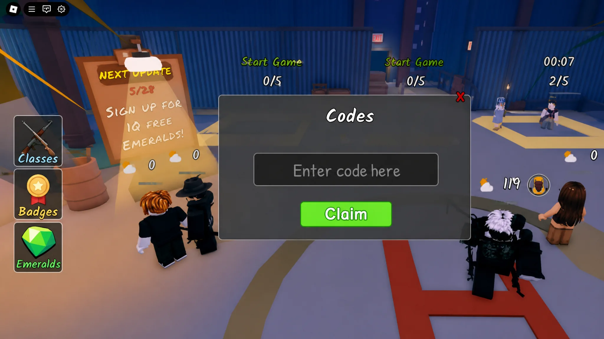 Survive the Apocalypse codes redeem screen on Roblox