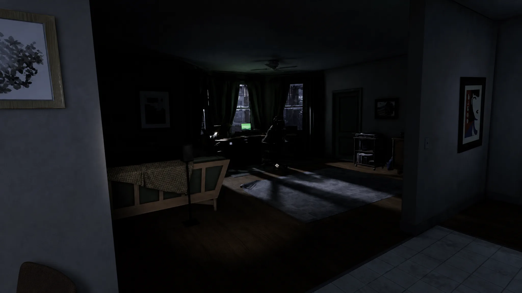 Looking into Noah's apartment with a body at the desk