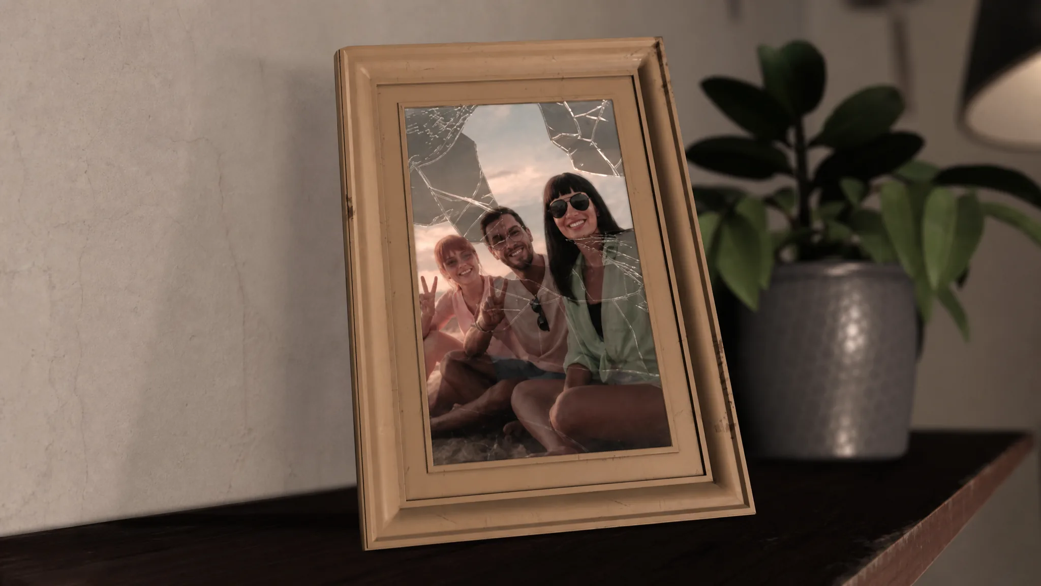 Cracked photo frame of Claire, Noah, and Ava smiling