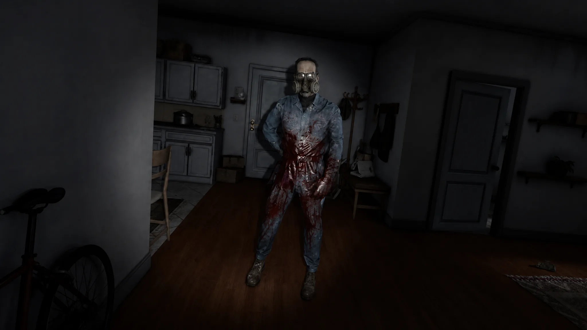 Full body shot of Unhinged antagonist wearing a gas mask, with apron and gloves covered in blood