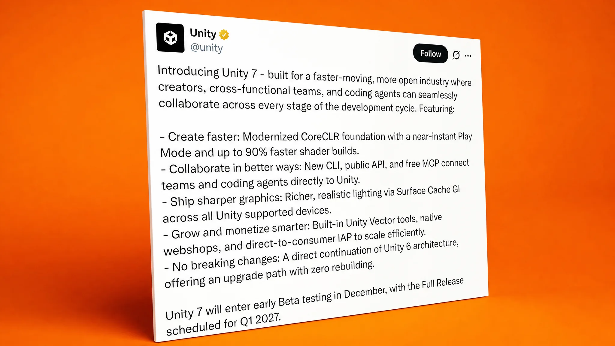 Image showing the Unity 7 reveal made by Unity on X