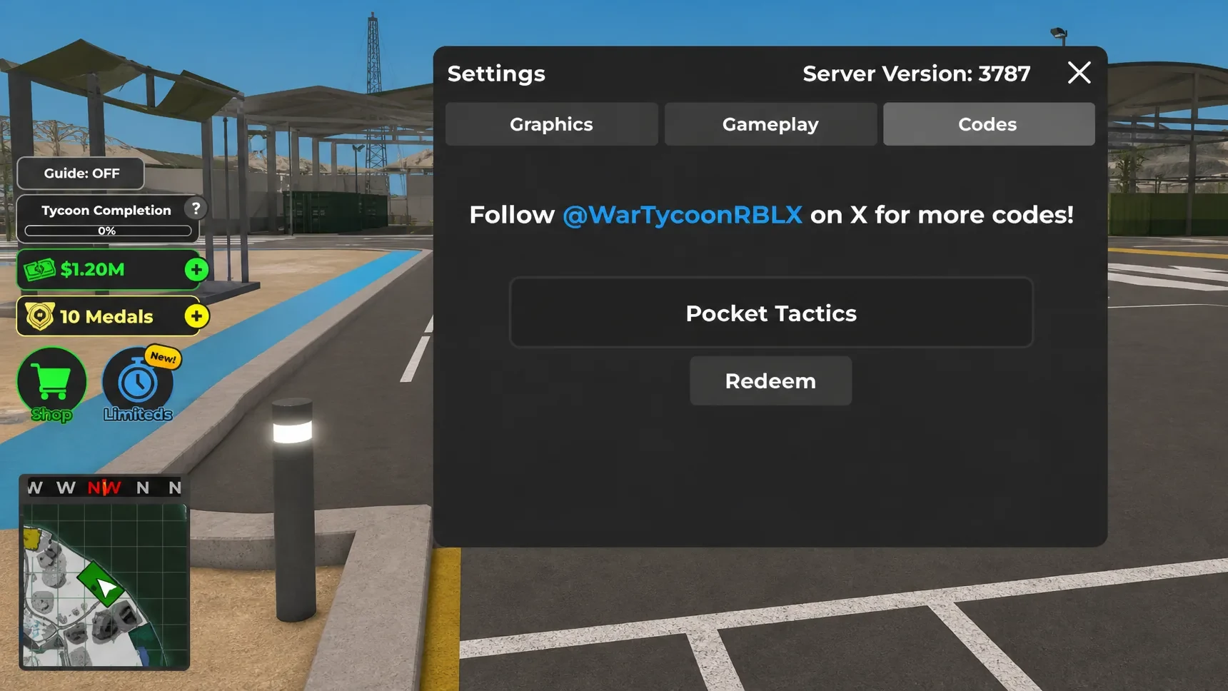 War Tycoon codes input screen showing the Settings gear icon and the code entry text box