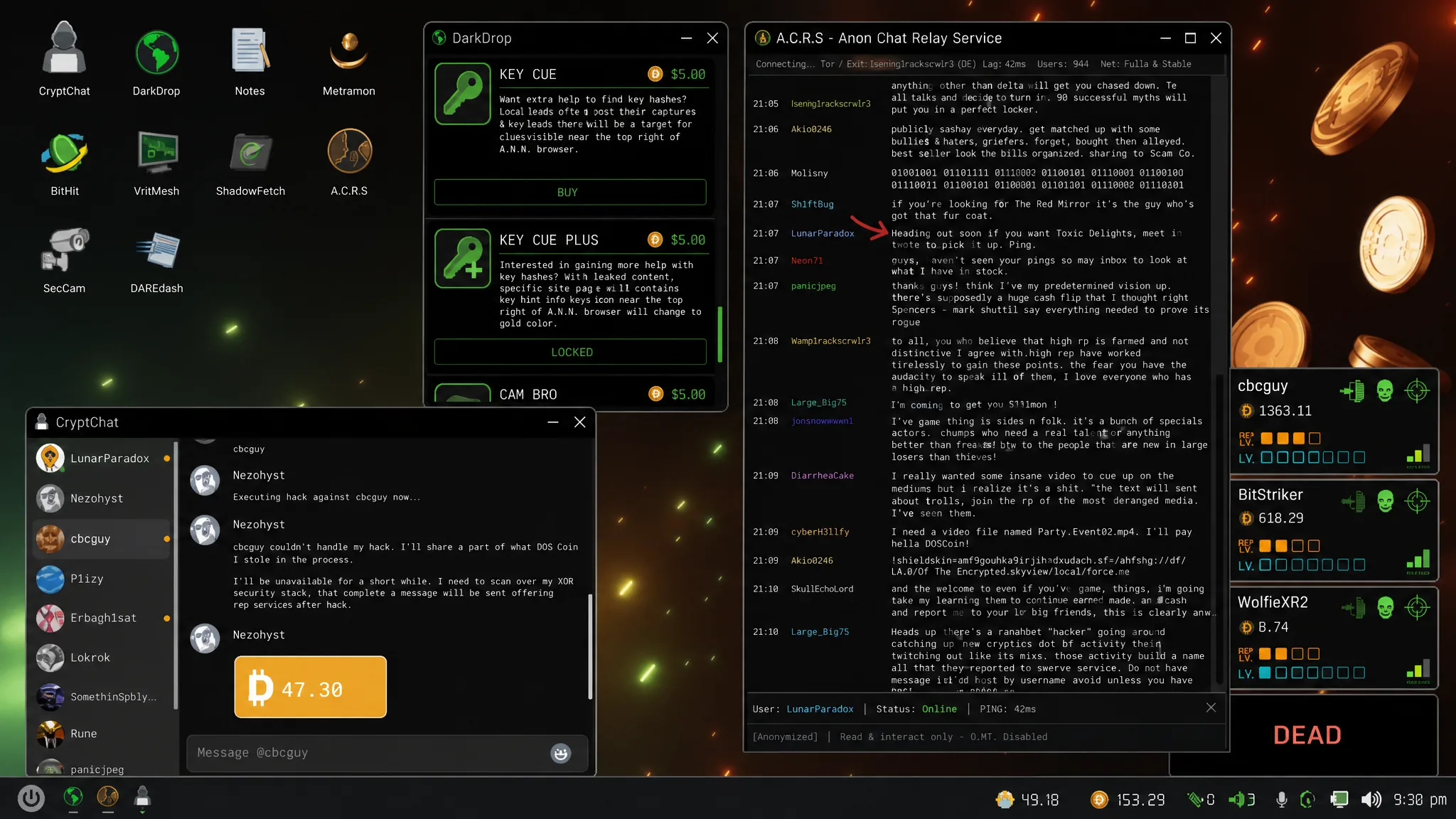 A.C.R.S. and CryptChat open with DarkDrop key cue selected