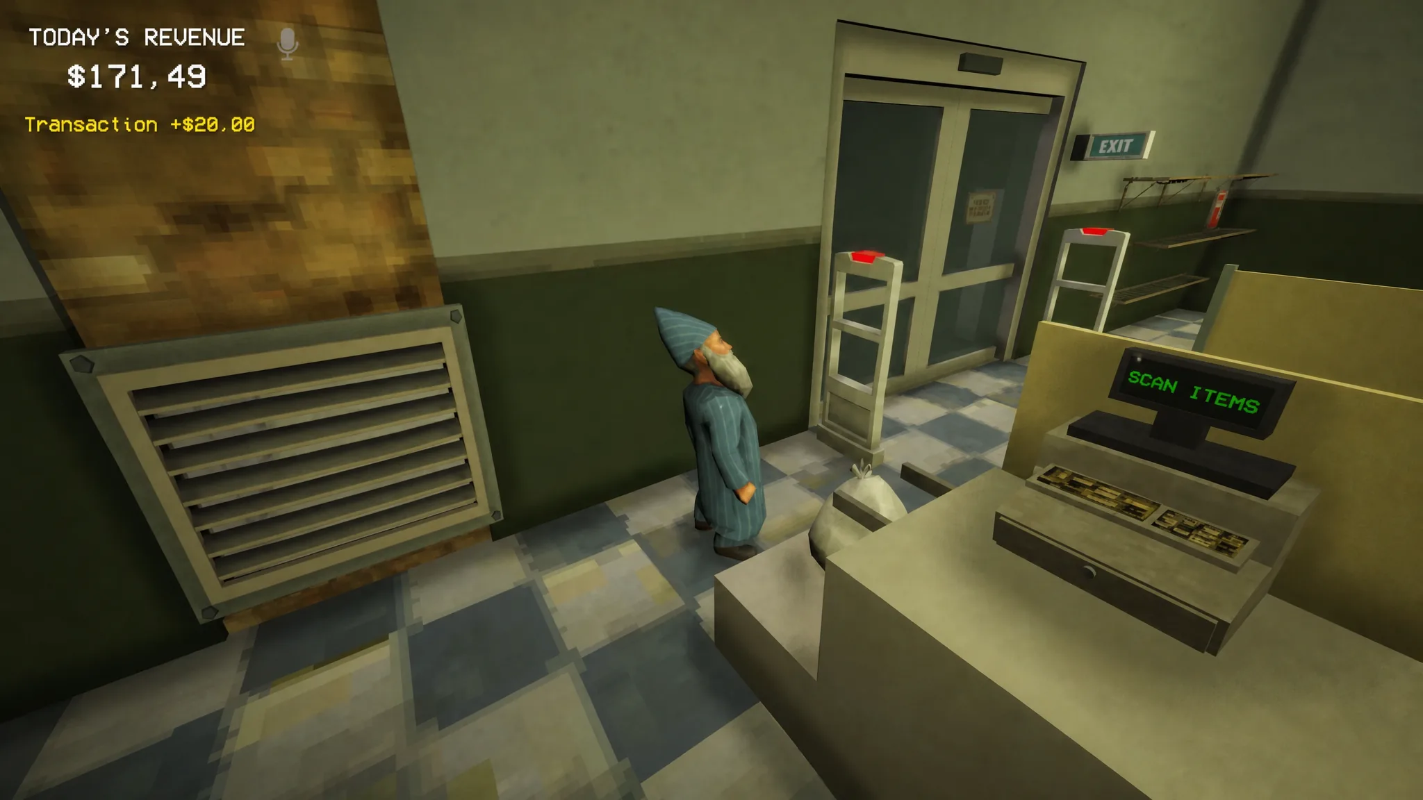 Norbert the gnome at the gas station counter in Shift At Midnight