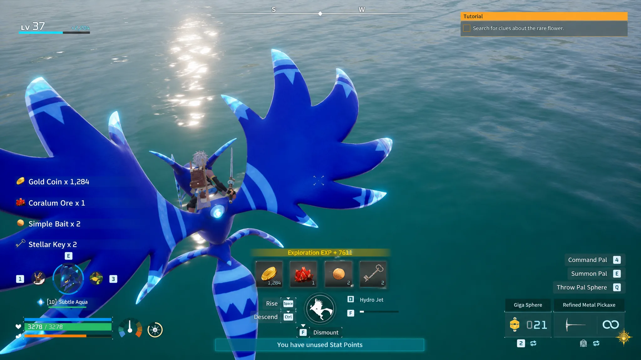 Palworld Coralum Ore: a blue flying dragon collects treasure from a floating wreckage