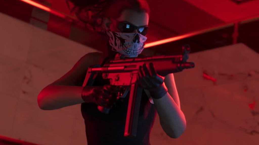 Lucia wielding a gun