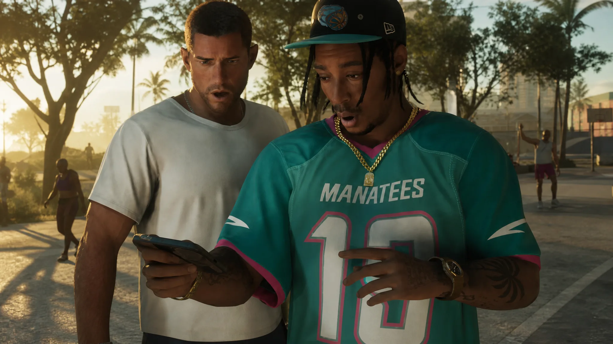 NPC wearing Manatees jersey next to Jason