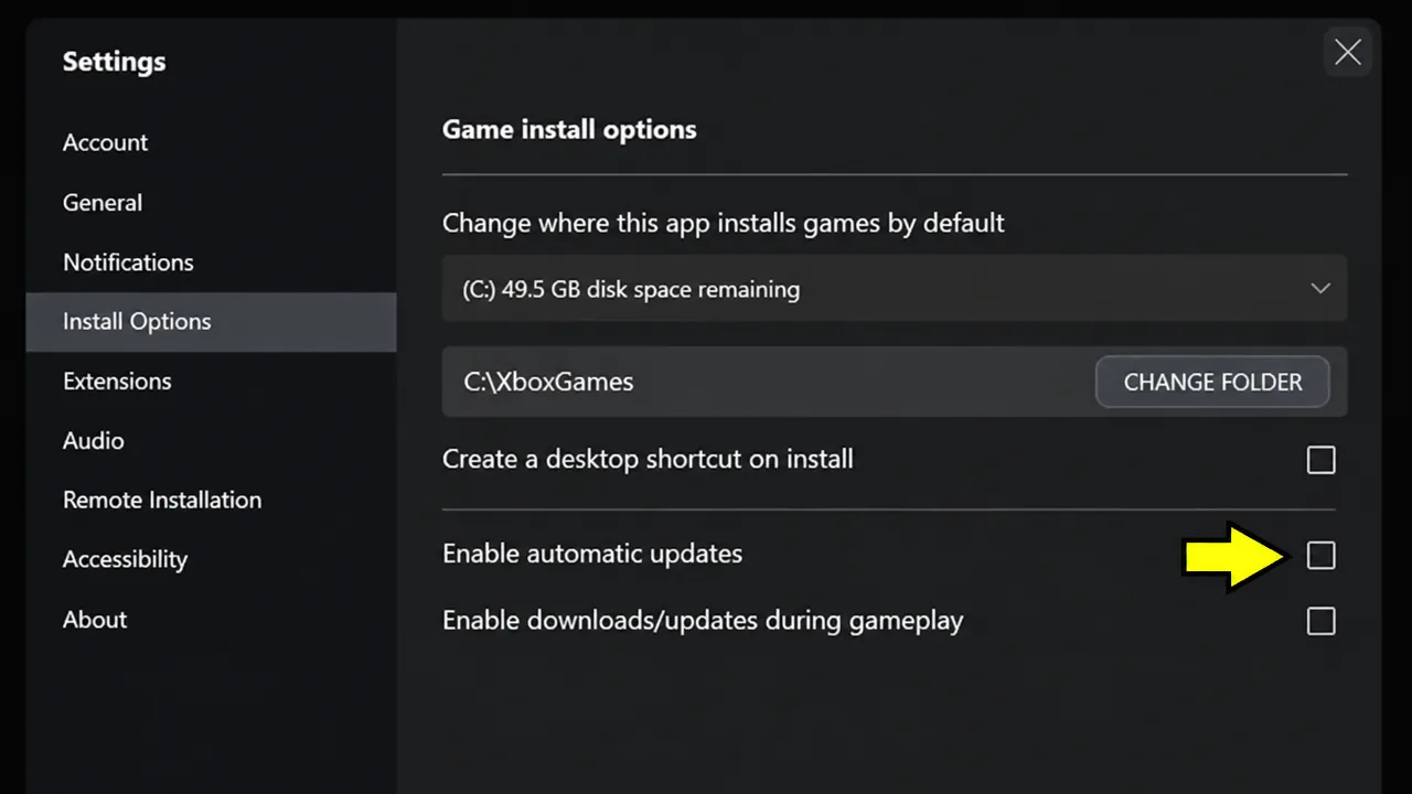 Xbox install options with the Enable automatic updates checkbox highlighted