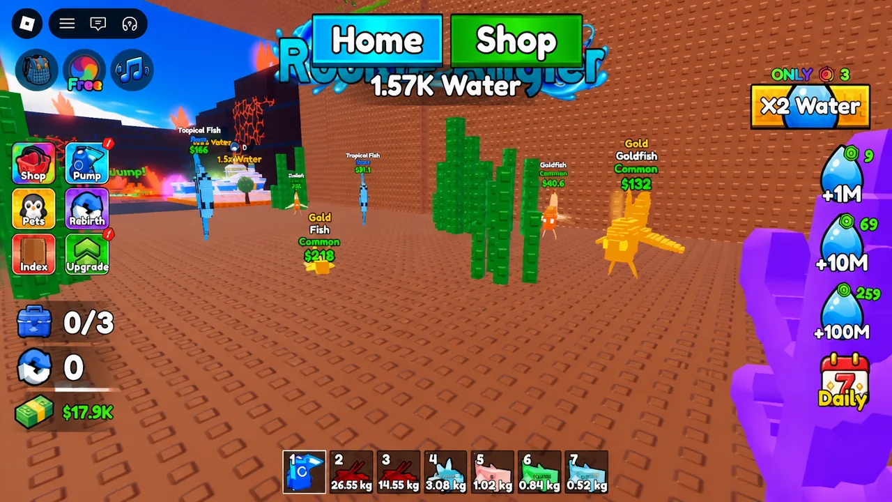 Room screen with hotbar slot one selected and mutated fish stocked in the aquarium