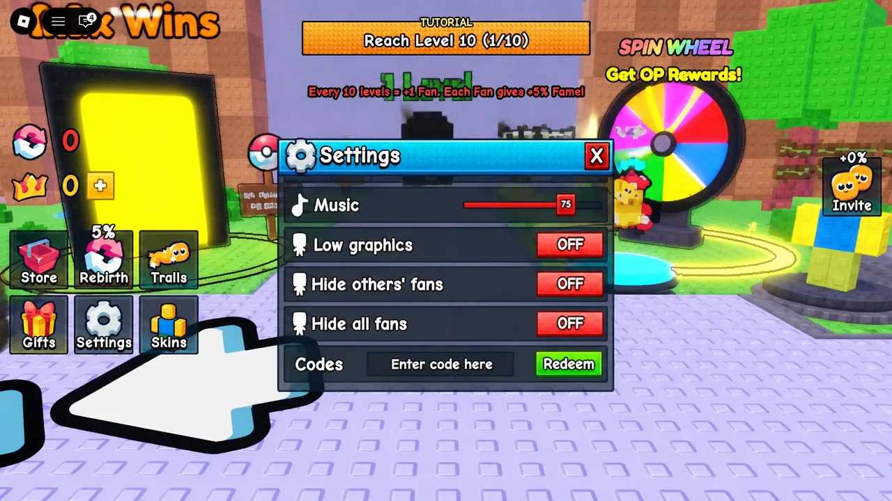 Settings menu showing the code entry field next to the green Redeem button