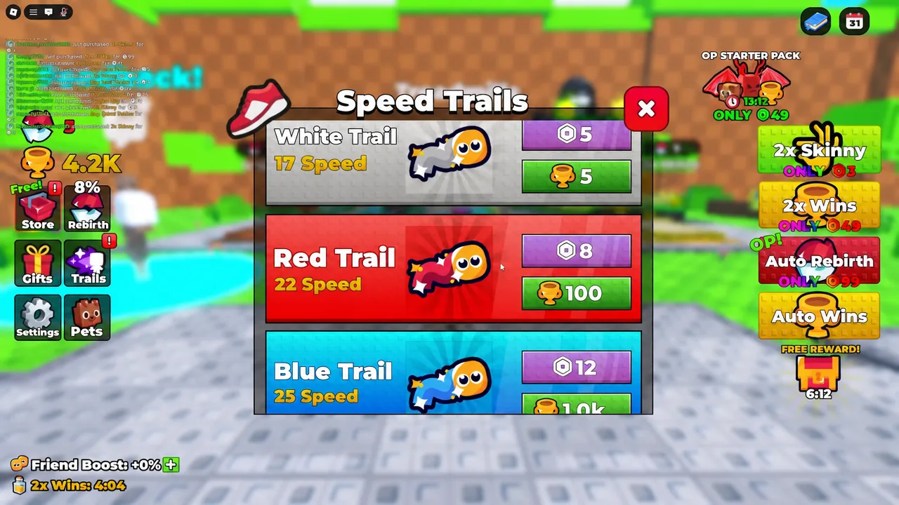 Speed Trails menu open on the Red Trail entry with its purchase buttons