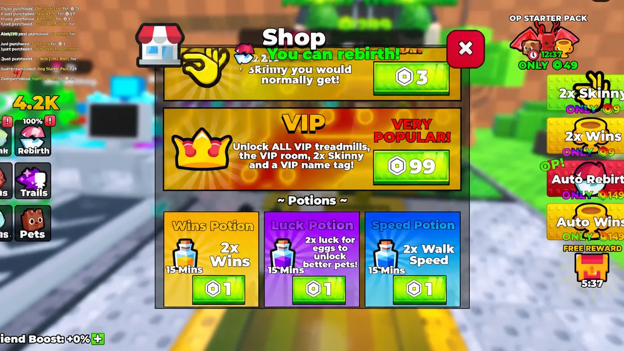 In-game shop menu showing the VIP option alongside potion purchase buttons
