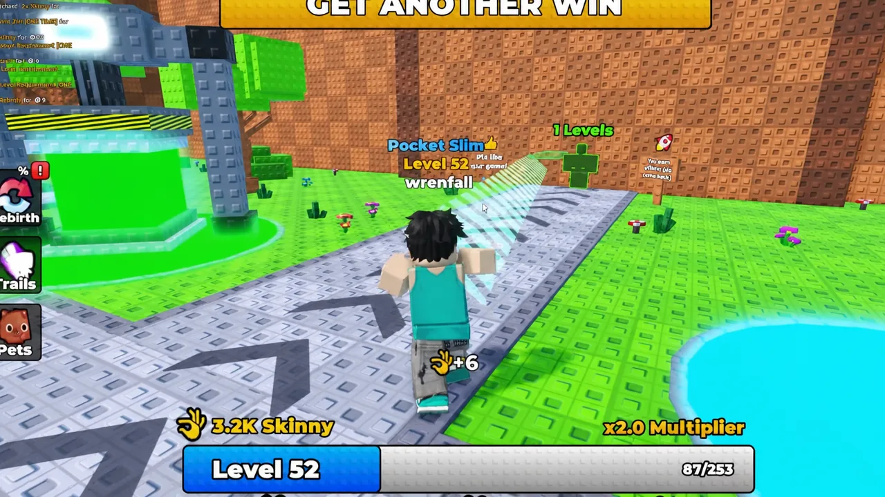 Level 52 character running a gate path while gaining plus six skinny per step