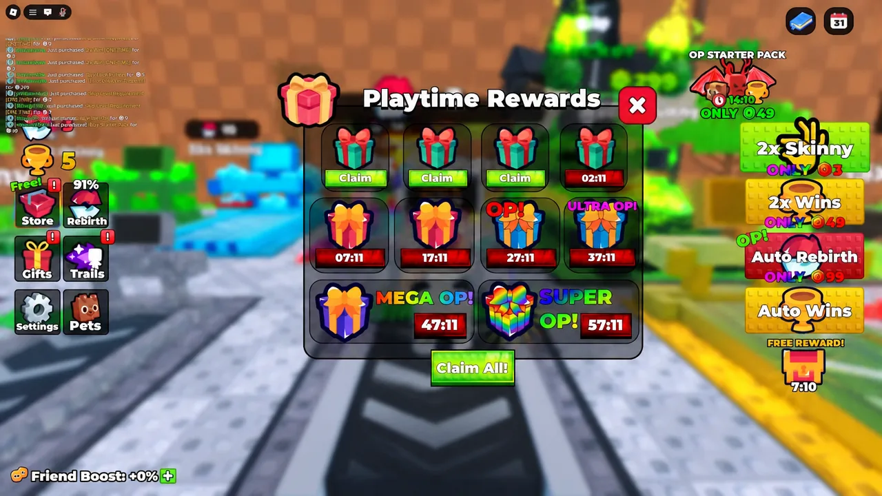Playtime Rewards panel with the Claim All button collecting stacked timed gifts