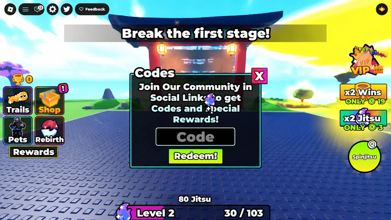 Codes popup open with the entry field and Redeem button ready in +1 Spinjitsu Escape