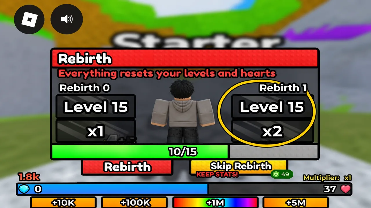 Rebirth menu highlighting the Rebirth 1 option at Level 15 with a x2 multiplier