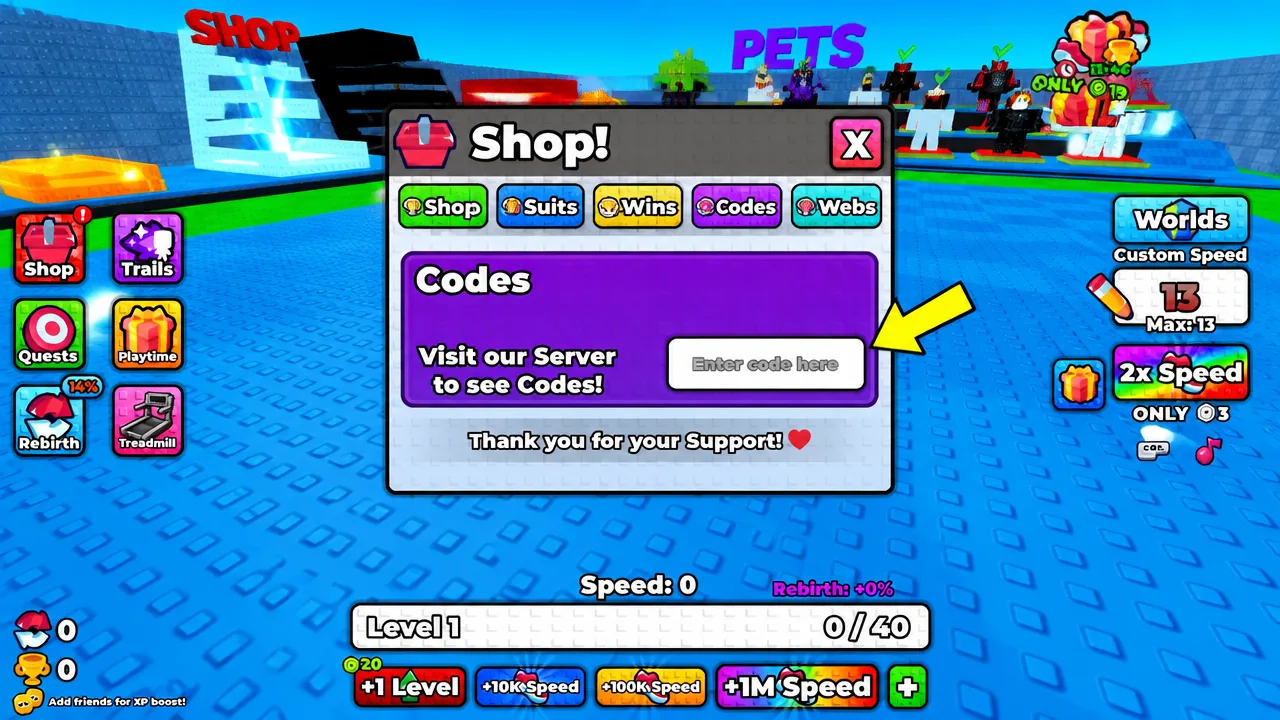 +1 Web Swing Escape the codes tab