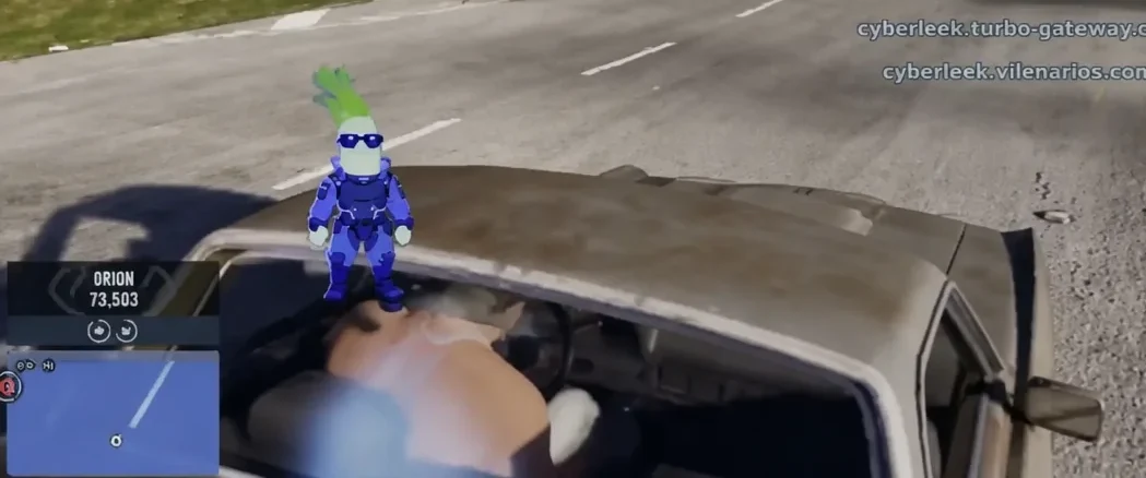 Player character standing on the roof of a car in a street during leaked GTA 6 gameplay