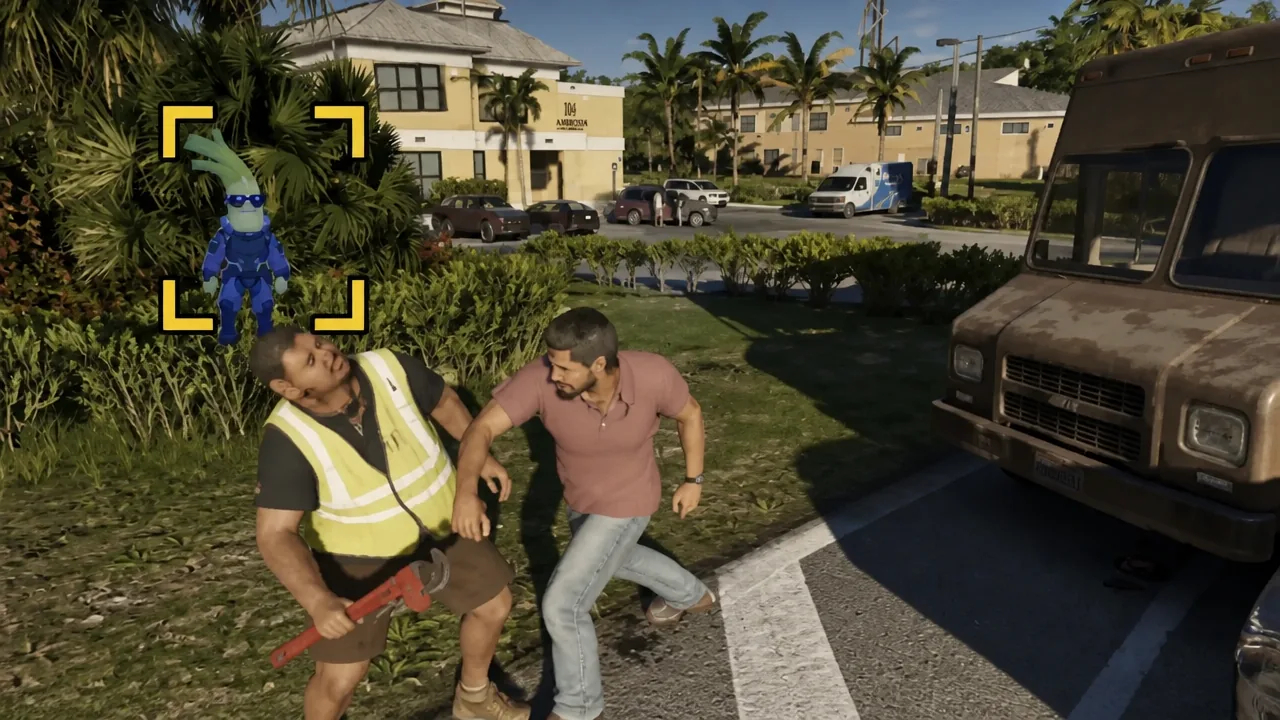 Leaked GTA 6 combat scene with a highlighted target framed by yellow targeting brackets