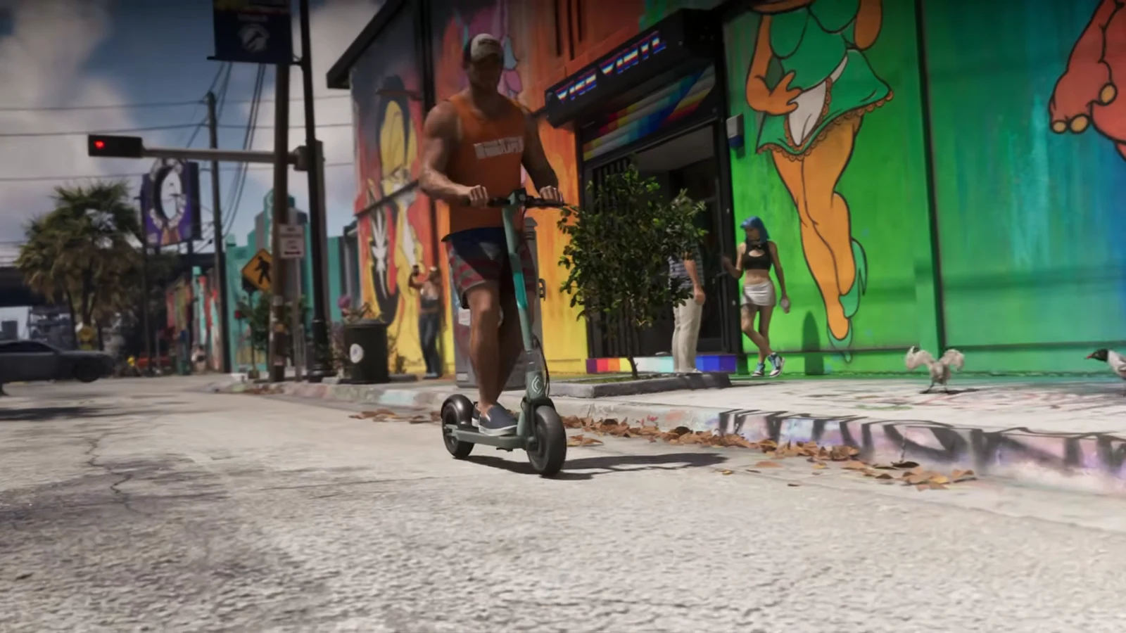 Character riding a motorized scooter down a mural-lined city street