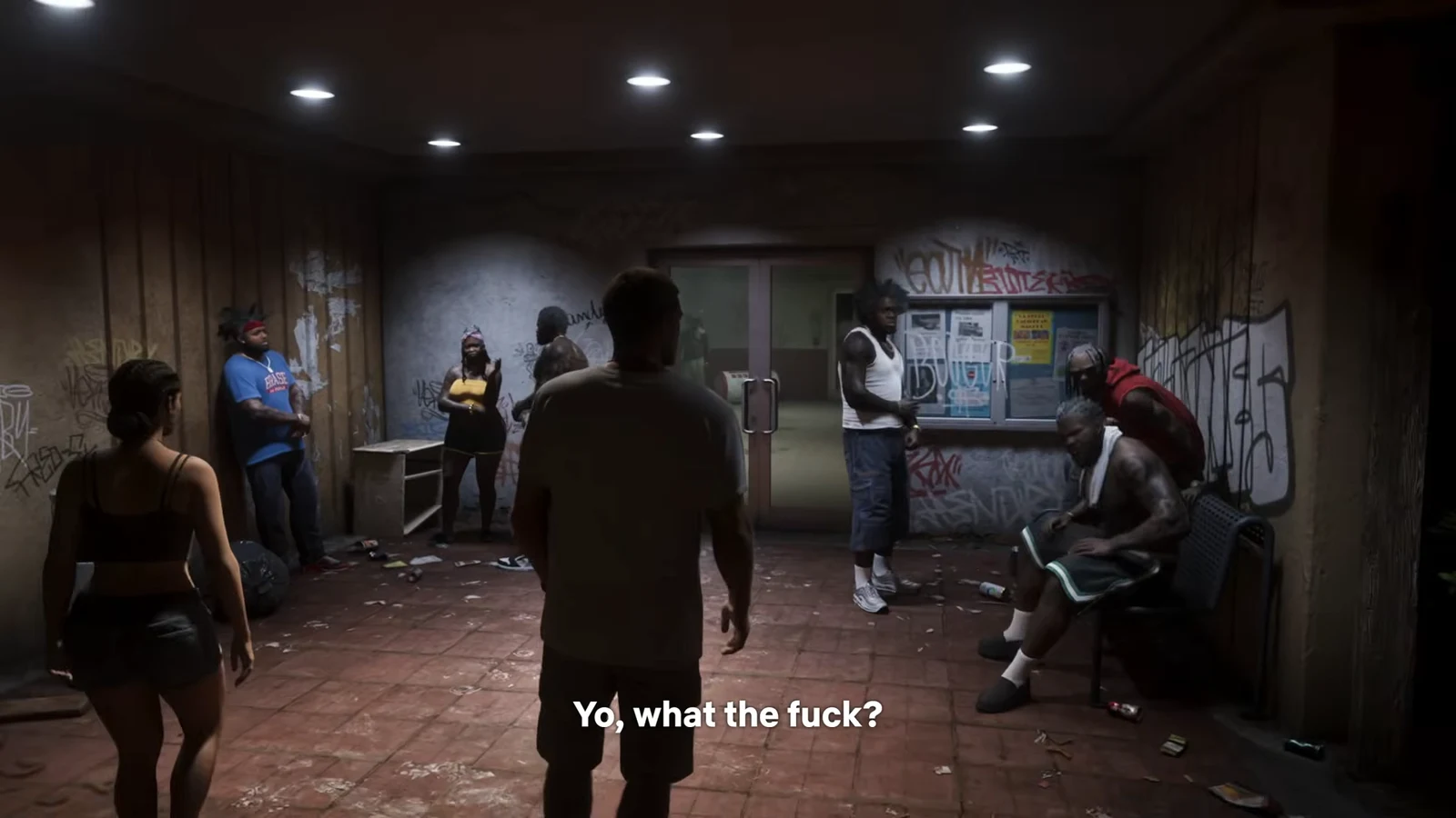 Busy city interior with dense crowd of NPCs inside a fully rendered building