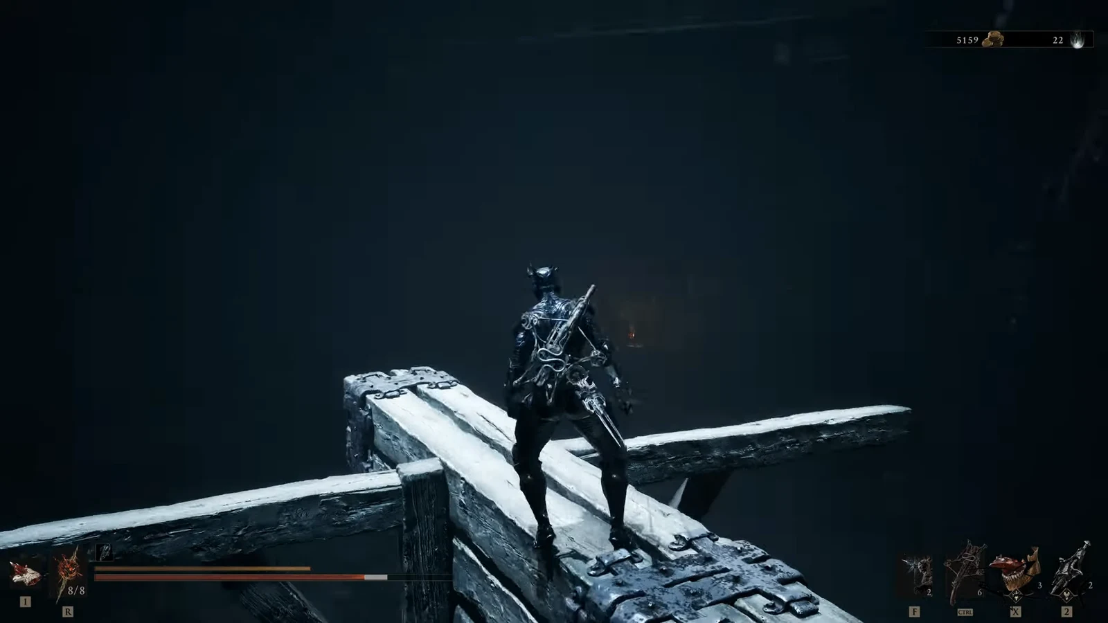 Armored Harbinger crossing narrow crossed wooden beams above a dark cavern