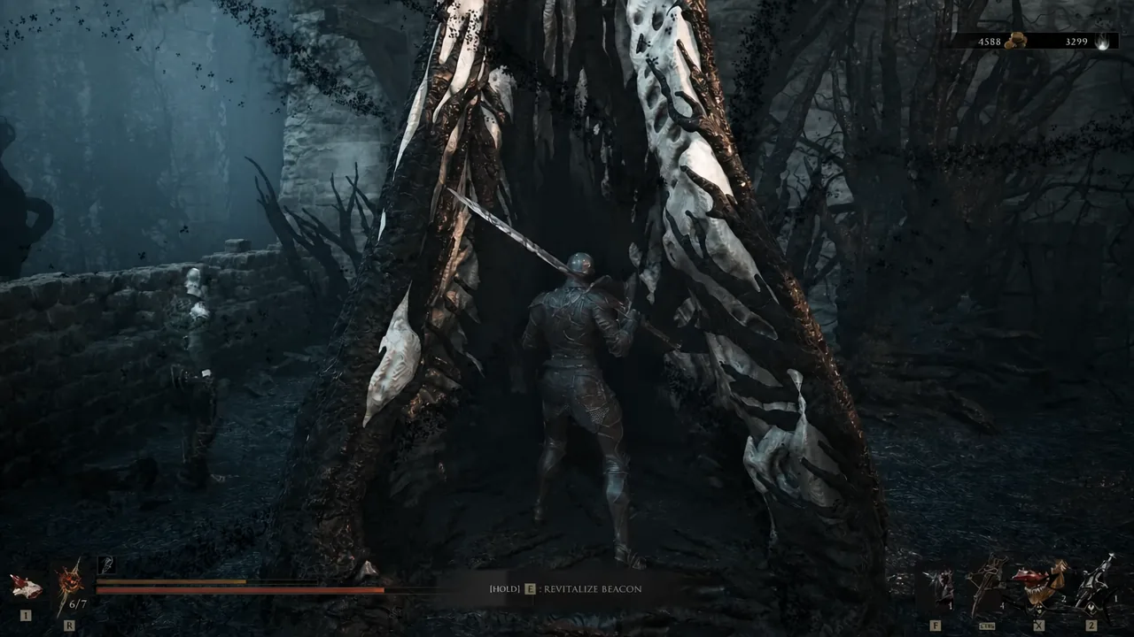 Beacon interaction prompt to revitalize the beacon, shown mid-run in Mortal Shell 2