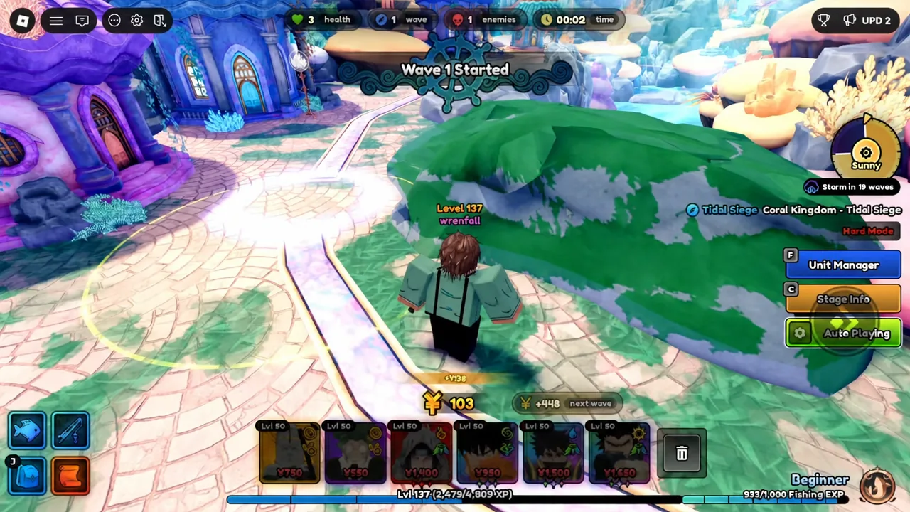 Tidal Siege wave 1 in progress with the Auto Playing button active on screen