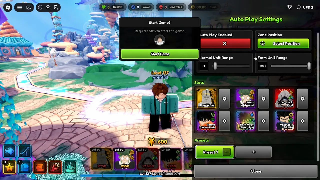 Auto Play range sliders set to 10 for normal units and 100 for farm units
