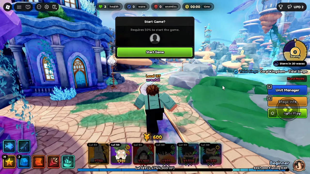 The Start Game prompt in Anime Expeditions with the Start Game button highlighted before launching Tidal Siege