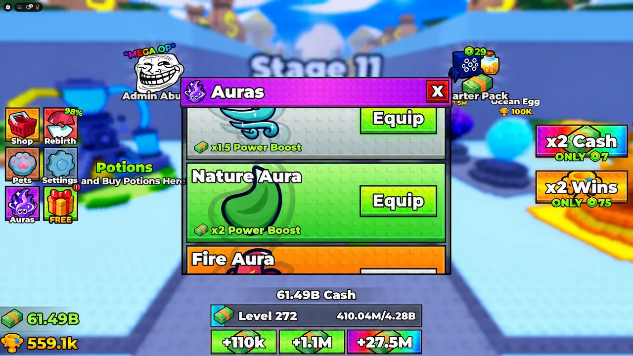 Auras menu open on the Nature Aura entry with the Equip button highlighted
