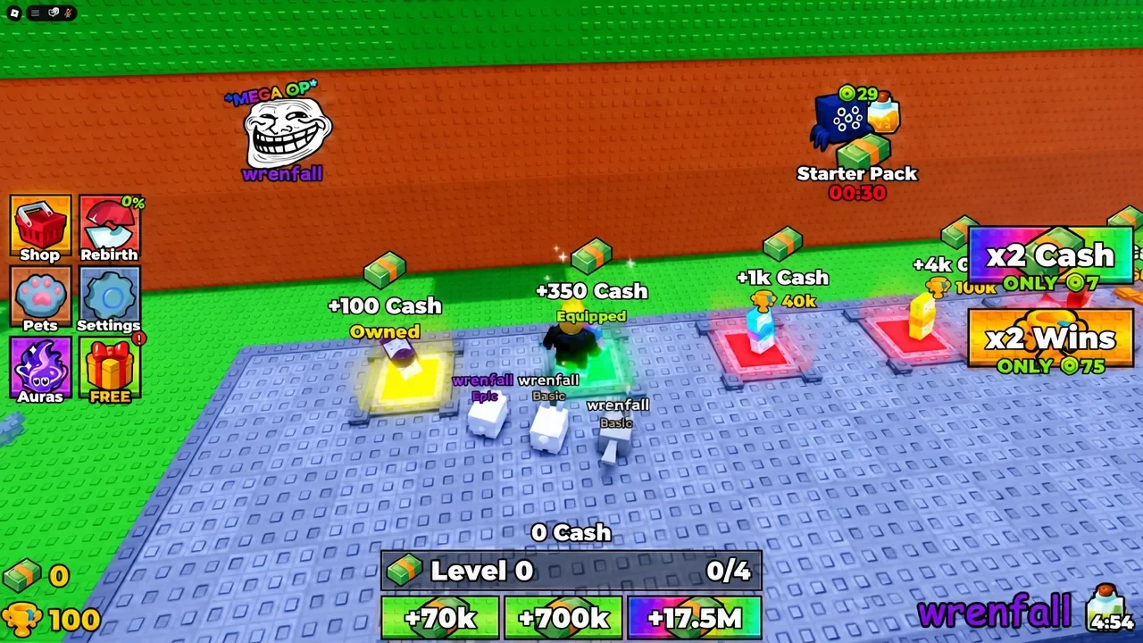 Shop screen showing the +350 Cash gear marked Equipped while pets gather cash nearby